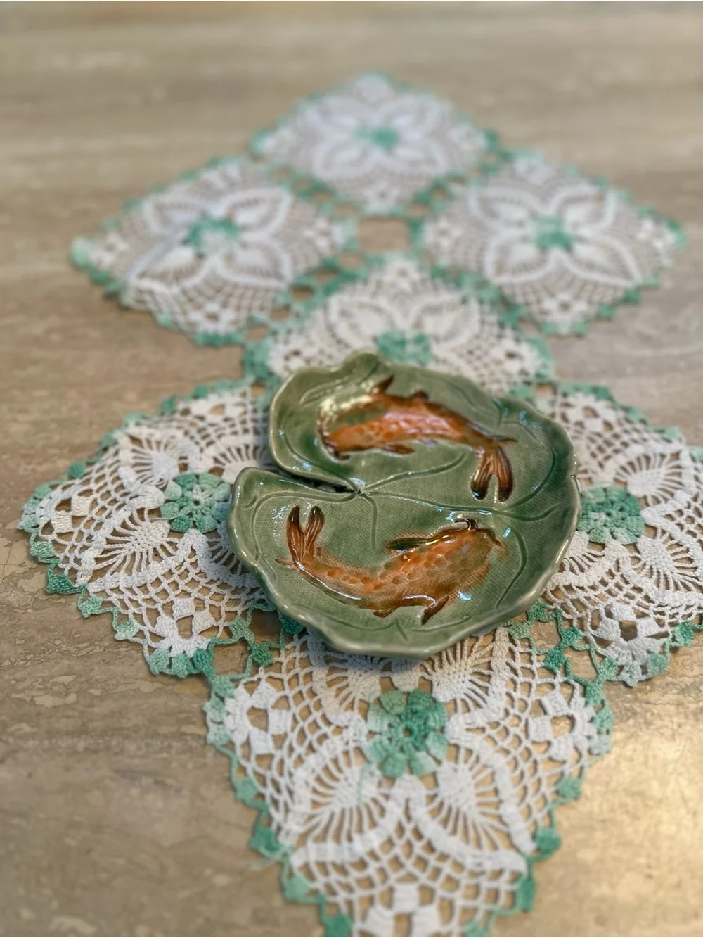 Handcrafted Green Ceramic Koi Dish Trinket with Orange Fish Design